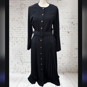 MS CHAUS Vintage  80's Black Pleated Belted Front Buttons Midi Dress